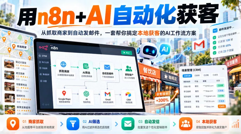 【无水印】用n8n+AI自动化获客，从抓取商家到自动发邮件，一套帮你搞定本地获客的AI工作流方案【原创双语字幕】客创社区-专注互联网轻资产资源整合与分享客创社区-专注互联网轻资产资源整合与分享