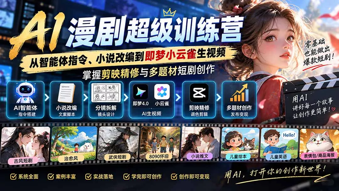AI漫剧超级特训营:从智能体指令、小说改编到即梦小云雀生视频,掌握剪映精修与多题材短剧创作 AI漫剧超级特训营:从智能体指令、小说改编到即梦小云雀生视频,掌