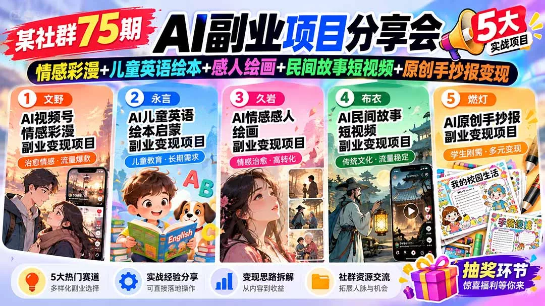 某社群75期AI副业项目分享会：情感彩漫+儿童英语绘本+感人绘画+民间故事短视频+原创手抄报变现-鱼见海资源网-免费PHP网站源码模板,插件软件网创AI智能体资源分享平台！