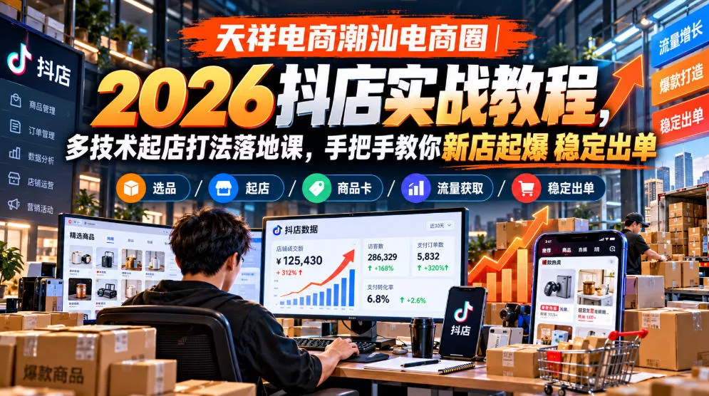 天祥电商潮汕电商圈｜2026抖店实战教程，多技术起店打法落地课，手把手教你新店起爆稳定出单客创社区-专注互联网轻资产资源整合与分享客创社区-专注互联网轻资产资源整合与分享