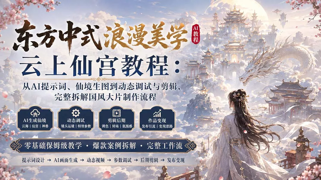 东方中式浪漫美学云上仙宫教程：从AI提示词、仙境生图到动态调试与剪辑，完整拆解国风大片制作流程客创社区-专注互联网轻资产资源整合与分享客创社区-专注互联网轻资产资源整合与分享