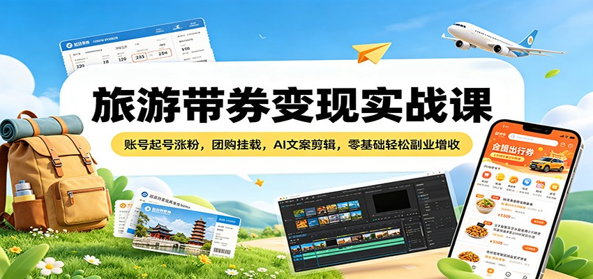 旅游带券变现实战课：账号起号涨粉，团购挂载，AI文案剪辑，零基础轻松副业增收客创社区-专注互联网轻资产资源整合与分享客创社区-专注互联网轻资产资源整合与分享