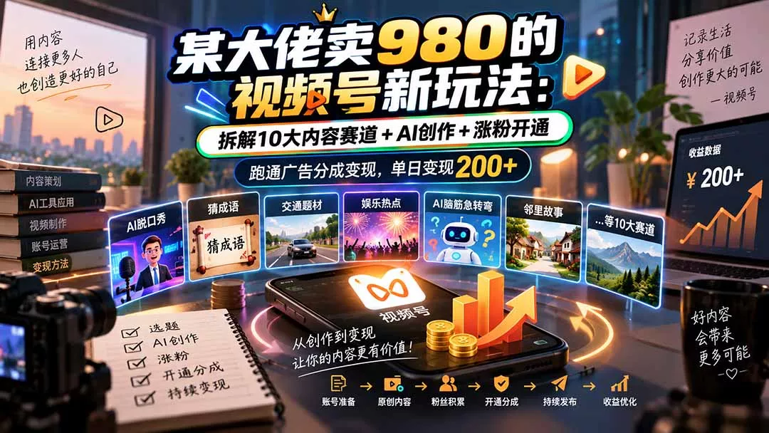 某大佬卖980的视频号新玩法：拆解10大内容赛道+AI创作+涨粉开通，跑通广告分成变现，单日变现200+ 《鱼见海科技》-鱼见海资源网-免费PHP网站源码模板,插件软件网创AI智能体资源分享平台！