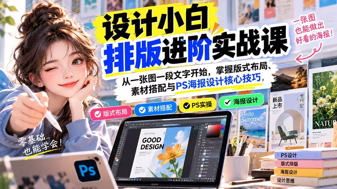 设计小白排版进阶实战课：从一张图一段文字开始，掌握版式布局、素材