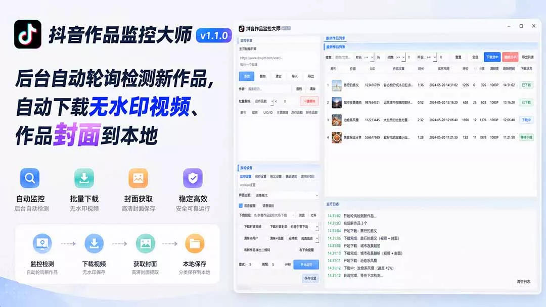 抖音作品监控大师v1.1.0：后台自动轮询检测新作品，自动下载无水印视频、作品封面到本地 《鱼见海科技》-鱼见海资源网-免费PHP网站源码模板,插件软件网创AI智能体资源分享平台！