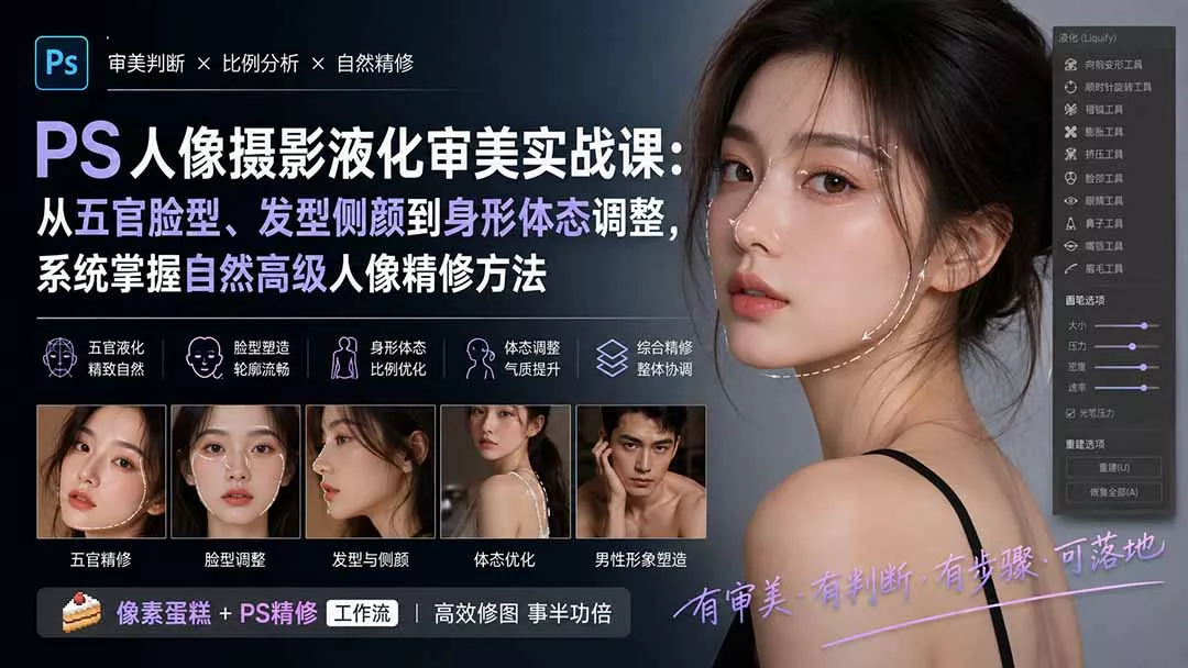 PS人像摄影液化审美实战课：从五官脸型、发型侧颜到身形体态调整，系统掌握自然高级人像精修方法客创社区-专注互联网轻资产资源整合与分享客创社区-专注互联网轻资产资源整合与分享