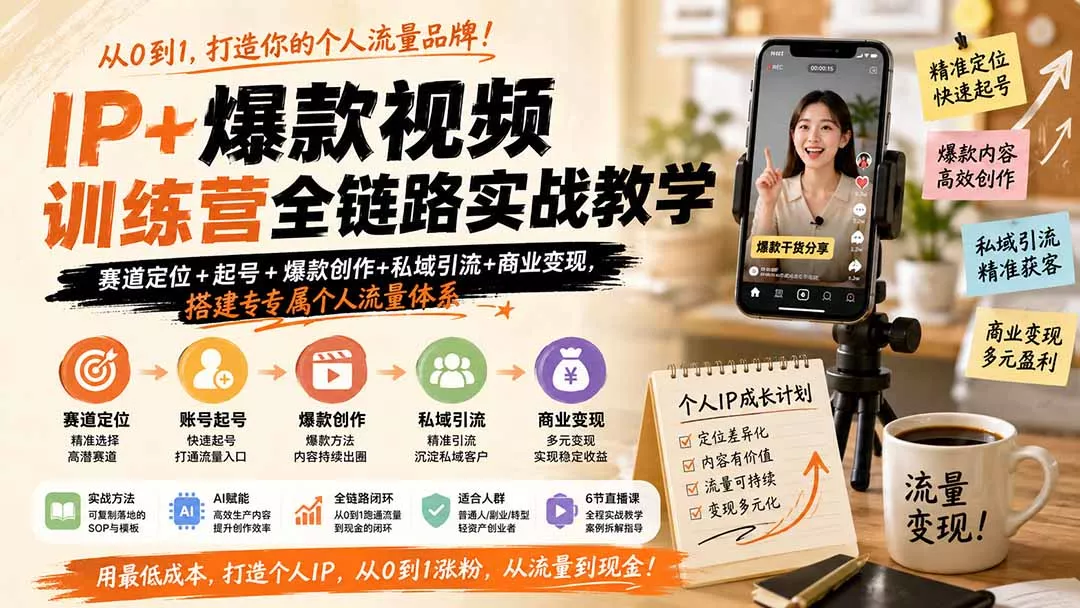 IP+爆款视频训练营全链路实战教学；赛道定位+起号+爆款创作+私域引流+商业变现，搭建专属个人流量体系 《鱼见海科技》-鱼见海资源网-免费PHP网站源码模板,插件软件网创AI智能体资源分享平台！