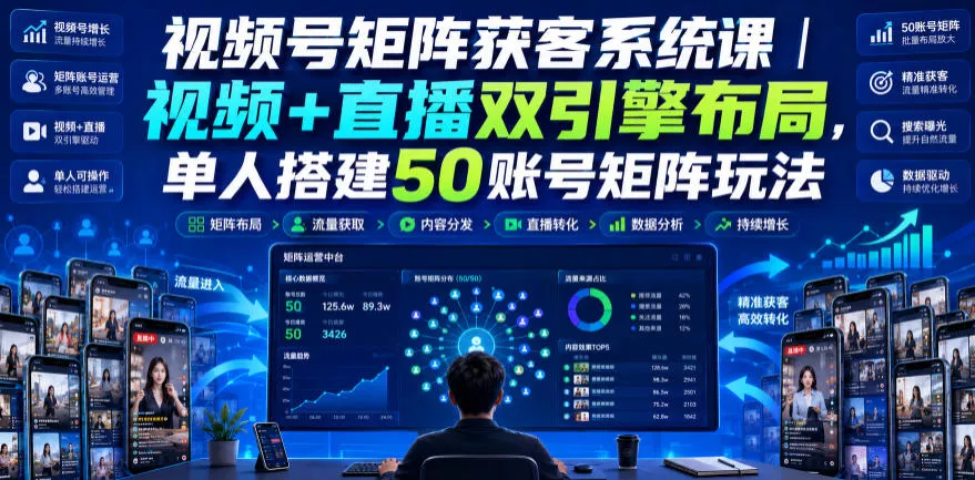 视频号矩阵获客系统课｜视频+直播双引擎布局，单人搭建50账号矩阵玩法，流量入池、搜索占位、全域引流沉淀私域全流程教学 《鱼见海科技》-鱼见海资源网-免费PHP网站源码模板,插件软件网创AI智能体资源分享平台！