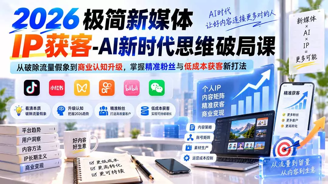 2026极简新媒体IP获客-AI新时代思维破局课：从破除流量假象到商业认知升级，掌握精准粉丝与低成本获客新打法客创社区-专注互联网轻资产资源整合与分享客创社区-专注互联网轻资产资源整合与分享