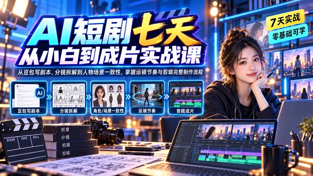 AI短剧七天从小白到成片实战课：从豆包写剧本、分镜拆解到人物场景一致性，掌握运镜节奏与剪辑完整制作流程客创社区-专注互联网轻资产资源整合与分享客创社区-专注互联网轻资产资源整合与分享