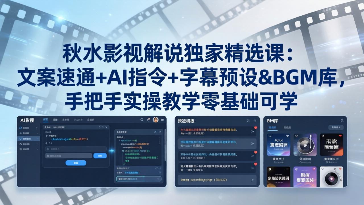 秋水影视解说独家精选课：文案速通+AI指令+字幕预设+BGM库，手把手实操教学零基础可学-鱼见海资源网-免费PHP网站源码模板,插件软件网创AI智能体资源分享平台！