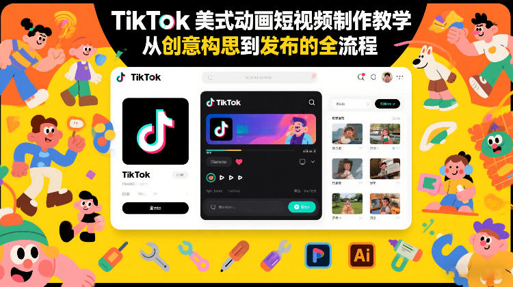 TikTok美式动画短视频制作教学，从创意构思到发布的全流程主用 -、辅助 +中赚资源