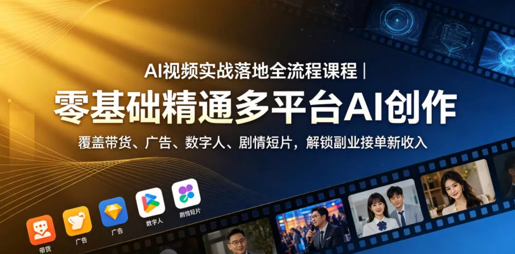 AI视频实战落地全流程课程｜零基础精通多平台AI创作，覆盖带货、广告、数字人、剧情短片，解锁副业接单新收入客创社区-专注互联网轻资产资源整合与分享客创社区-专注互联网轻资产资源整合与分享
