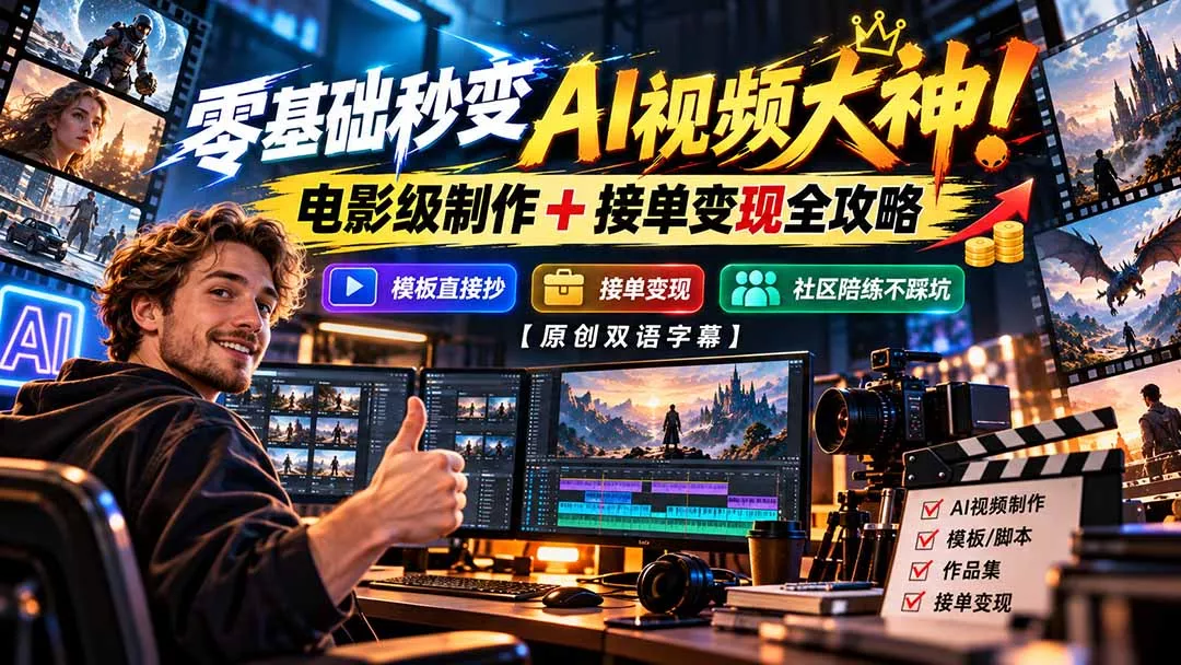 零基础秒变AI视频大神！电影级制作 + 接单变现全攻略，模板直接