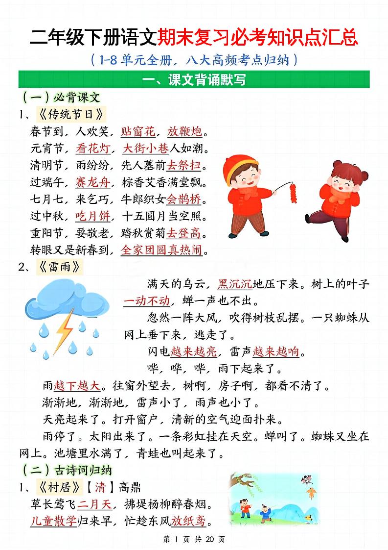 二下语文期末复习全册必考知识点汇总（八大高频考点归纳）20页-客创社 - 专注互联网轻资产创业及网络项目资源整合与分享客创社-免费且强大的项目分享网站！