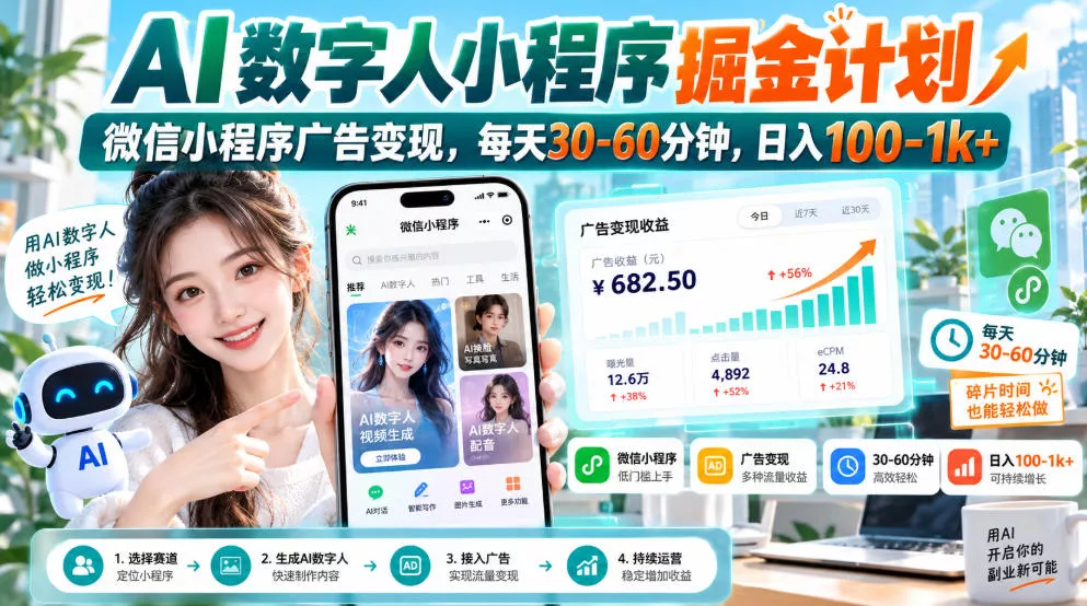 【无水印】AI数字人小程序掘金计划，微信小程序广告变现，每天30‑60分钟，日入100‑1k+主用 -、辅助 +中赚AI网