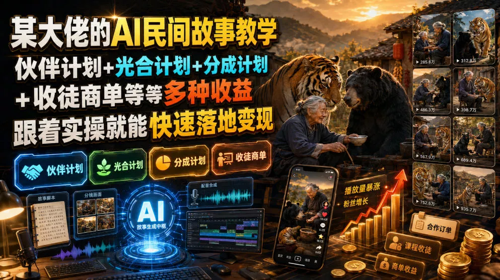 某大佬的AI民间故事教学，伙伴计划+光合计划+分成计划+收徒商单等多种收益，跟着实操就能快速落地变现 《鱼见海科技》-鱼见海资源网-免费PHP网站源码模板,插件软件网创AI智能体资源分享平台！
