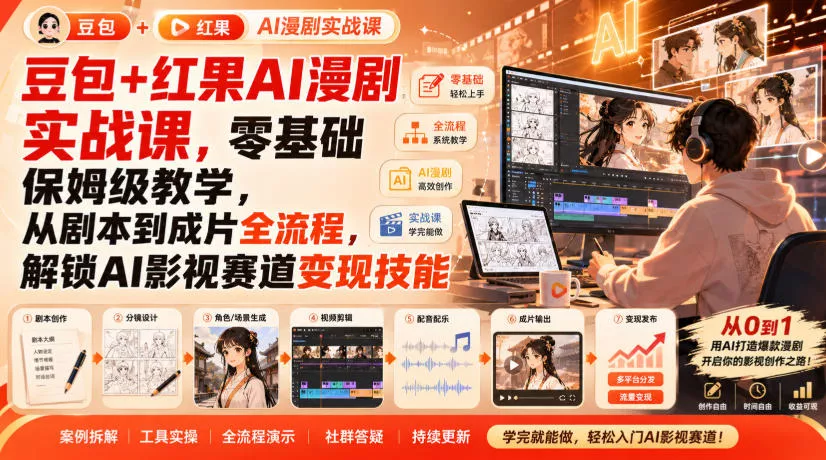 豆包+红果AI漫剧实战课，零基础保姆级教学，从剧本到成片全流程，解锁AI影视赛道变现技能客创社区-专注互联网轻资产资源整合与分享客创社区-专注互联网轻资产资源整合与分享