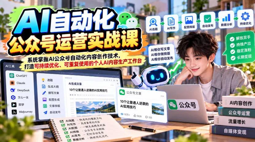 AI自动化公众号运营实战课，系统掌握AI公众号自动化内容创作技术，打造可持续优化、可重复使用的个人AI内容生产工作台客创社区-专注互联网轻资产资源整合与分享客创社区-专注互联网轻资产资源整合与分享