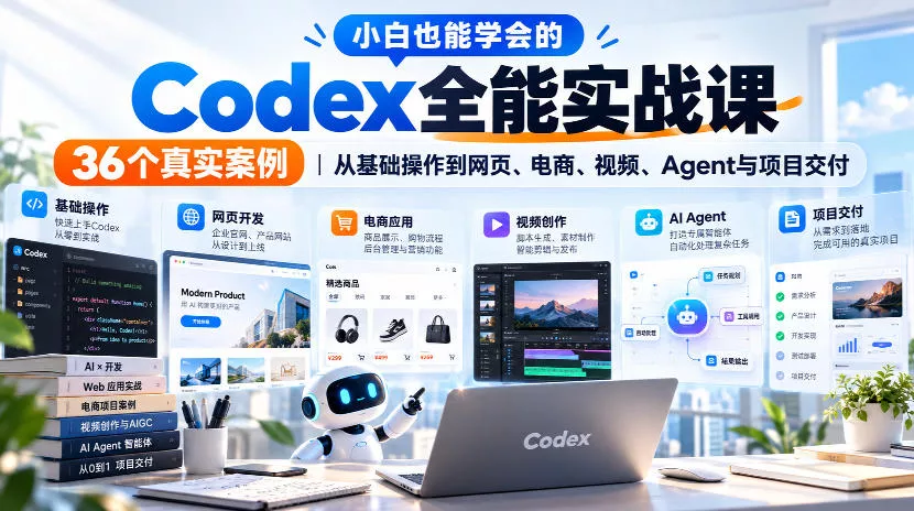 小白也能学会的Codex全能实战课｜36个真实案例，从基础操作到网页、电商、视频、Agent与项目交付 《鱼见海科技》-鱼见海资源网-免费PHP网站源码模板,插件软件网创AI智能体资源分享平台！