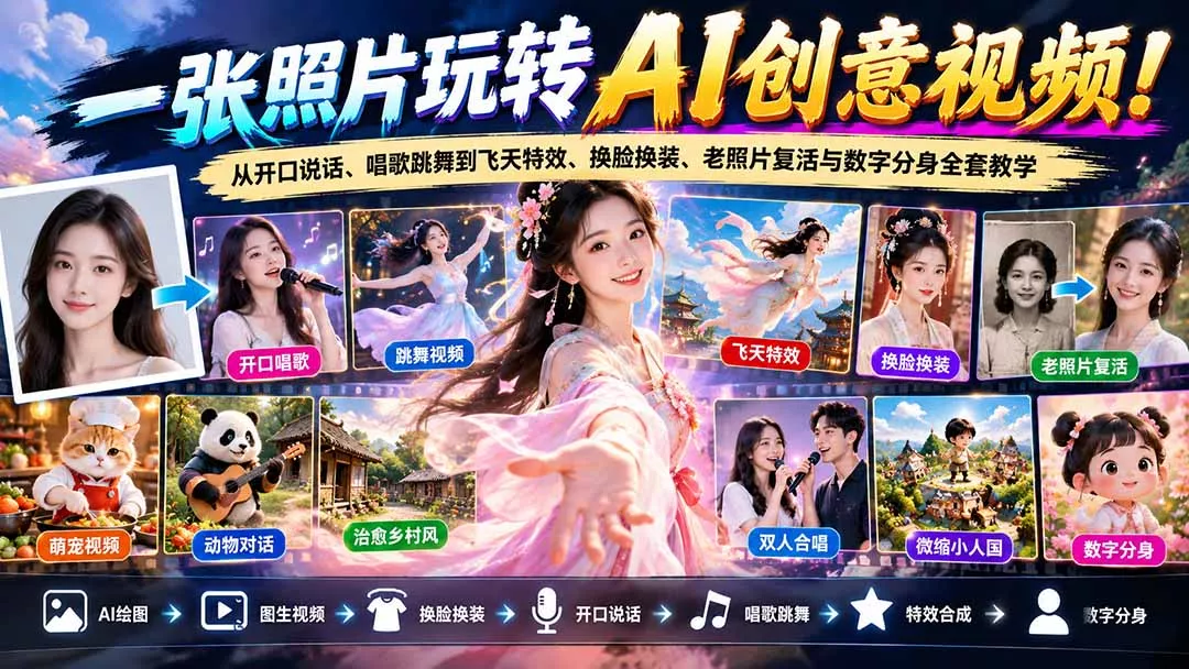 一张照片玩转AI创意视频！从开口说话、唱歌跳舞到飞天特效、换脸换装、老照片复活与数字分身全套教学客创社区-专注互联网轻资产资源整合与分享客创社区-专注互联网轻资产资源整合与分享