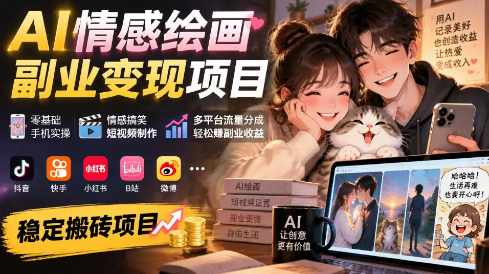 AI情感绘画副业变现项目｜零基础手机实操，情感搞笑短视频制作，多平台流量分成轻松賺副业收益 《鱼见海科技》-鱼见海资源网-免费PHP网站源码模板,插件软件网创AI智能体资源分享平台！