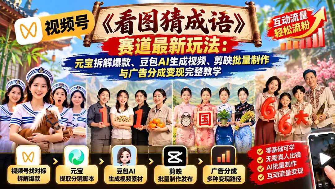 视频号《看图猜成语》赛道最新玩法：元宝拆解爆款、豆包AI生成视频、剪映批量制作与广告分成变现完整教学客创社区-专注互联网轻资产资源整合与分享客创社区-专注互联网轻资产资源整合与分享