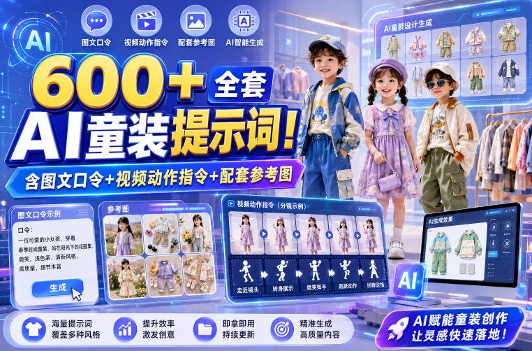 600+全套AI童装提示词！含图文口令+视频动作指令+配套参考图，Word-Excel规整分类，童装电商、种草无脑量产内容！客创社区-专注互联网轻资产资源整合与分享客创社区-专注互联网轻资产资源整合与分享