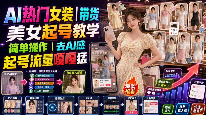 AI热门女装带货丨美女起号教学，简单操作，去AI感，起号流量嘎嘎猛客创社区-专注互联网轻资产资源整合与分享客创社区-专注互联网轻资产资源整合与分享