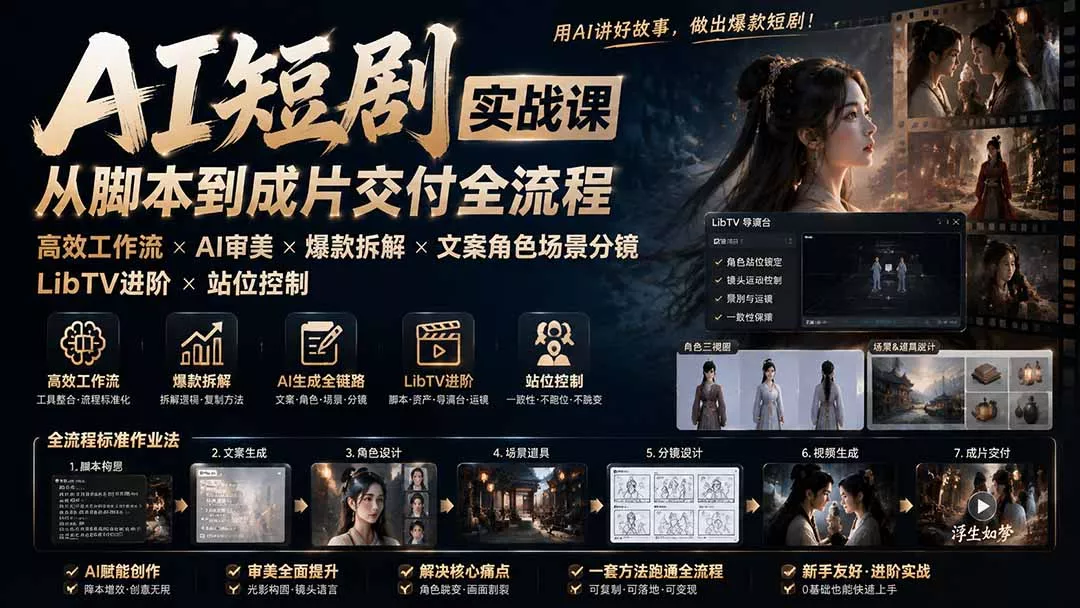 AI短剧实战课：高效工作流×AI审美×爆款拆解×文案角色场景分镜×LibTV进阶×站位控制×从脚本到成片交付全流程客创社区-专注互联网轻资产资源整合与分享客创社区-专注互联网轻资产资源整合与分享
