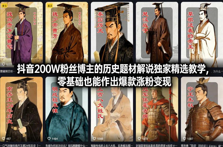 抖音200W粉丝博主的历史题材解说独家精选教学，零基础也能作出爆款涨粉变现主用 -、辅助 +中赚资源
