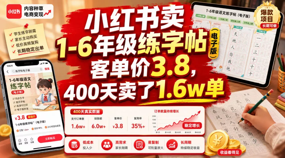小红书卖1-6年级练字帖(电子版)，客单价3.8，400天卖了1.6w单客创社区-专注互联网轻资产资源整合与分享客创社区-专注互联网轻资产资源整合与分享