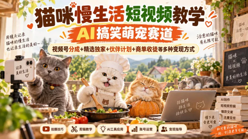 猫咪慢生活短视频教学，AI搞笑萌宠赛道，视频号分成+精选独家+伙伴计划+商单收徒等多种变现方式 《鱼见海科技》-鱼见海资源网-免费PHP网站源码模板,插件软件网创AI智能体资源分享平台！