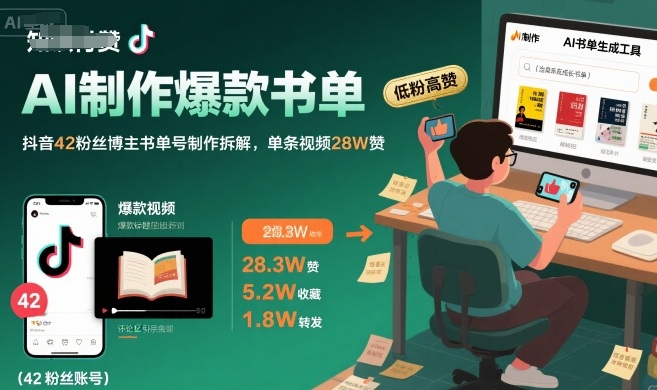 AI制作爆款书单，抖音42粉丝博主书单号制作拆解，单条视频28W赞-客创社 - 专注互联网轻资产创业及网络项目资源整合与分享客创社-免费且强大的项目分享网站！