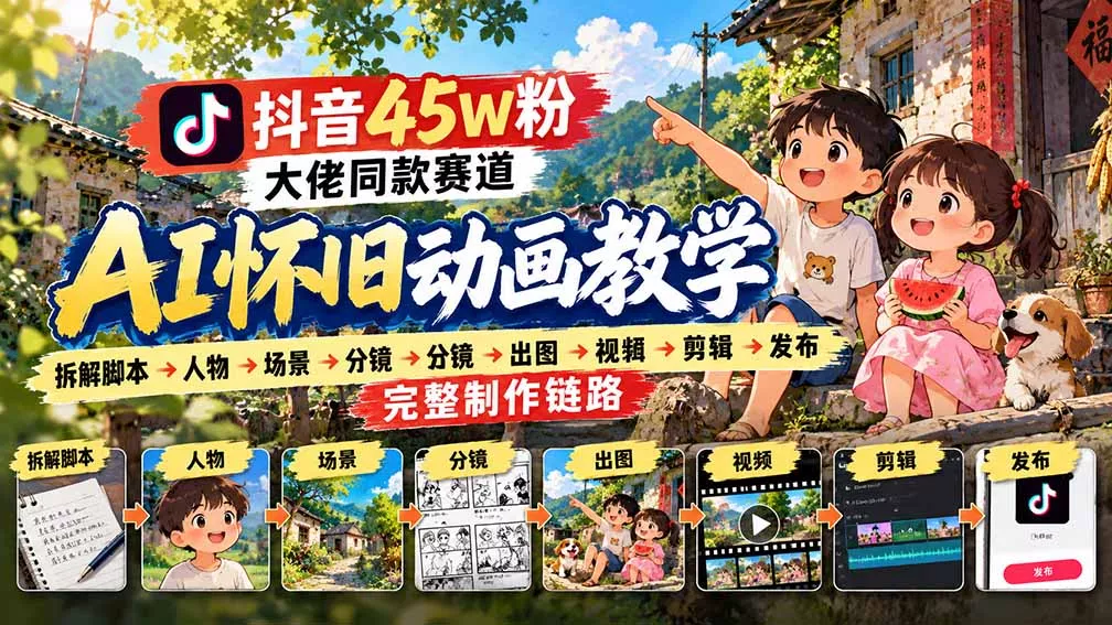抖音45W粉大佬同款赛道AI怀旧动画教学：拆解脚本→人物→场景→分镜→出图→视频→剪辑→发布完整制作链路星享资源网HS游戏库