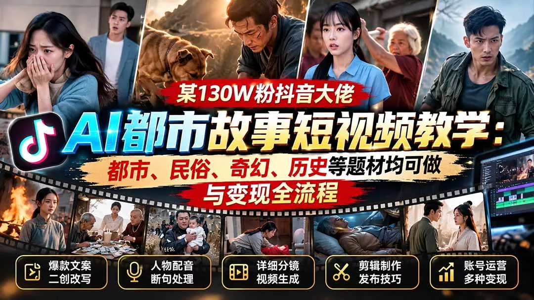 某130W粉抖音大佬AI都市故事短视频教学：都市、民俗、奇幻、历史等题材均可做与变现全流程 《鱼见海科技》-鱼见海资源网-免费PHP网站源码模板,插件软件网创AI智能体资源分享平台！