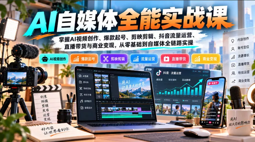 【无水印】AI自媒体全能实战课，掌握AI视频创作、爆款起号、剪映剪辑、抖音流量运营、直播带货与商业变现，从零基础到自媒体全链路实操客创社区-专注互联网轻资产资源整合与分享客创社区-专注互联网轻资产资源整合与分享