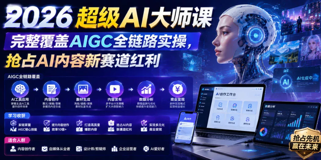 2026超级AI大师课，完整覆盖AIGC全链路实操，抢占AI内容新赛道红利客创社区-专注互联网轻资产资源整合与分享客创社区-专注互联网轻资产资源整合与分享