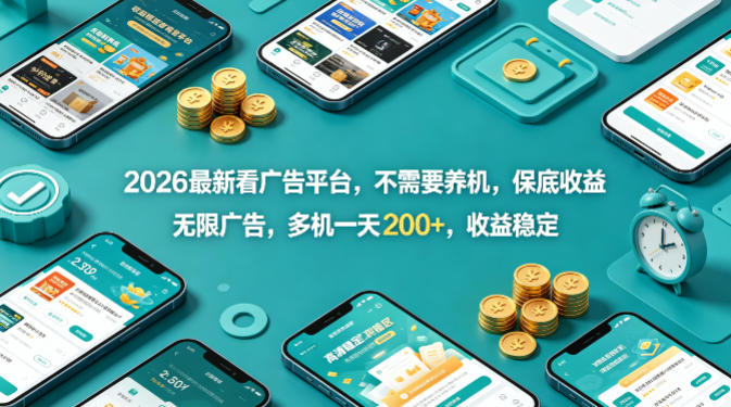 2026最新看广告平台，不需要养机，保底收益，无限广告，多机一天200+，收益稳定【揭秘】客创社区-专注互联网轻资产资源整合与分享客创社区-专注互联网轻资产资源整合与分享