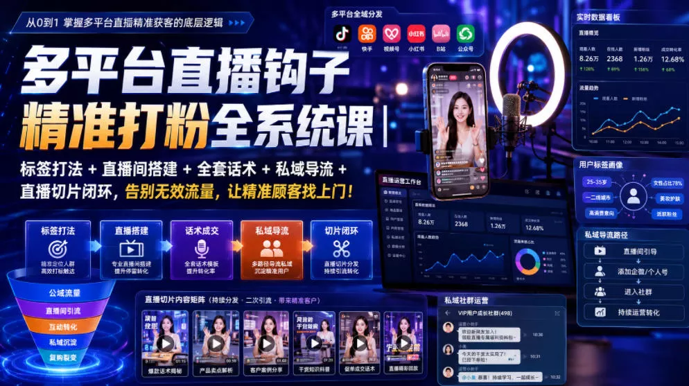 多平台直播钩子精准打粉全系统课｜标签打法+直播间搭建+全套话术+私域导流+直播切片闭环，告别无效流量，让精准顾客找上门！ 《鱼见海科技》-鱼见海资源网-免费PHP网站源码模板,插件软件网创AI智能体资源分享平台！