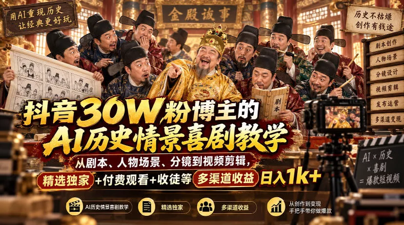 抖音30W粉博主的AI历史情景喜剧教学，从剧本、人物场景、分镜到视频剪辑，精选独家+付费观看+收徒等多渠道收益日入1k+客创社区-专注互联网轻资产资源整合与分享客创社区-专注互联网轻资产资源整合与分享