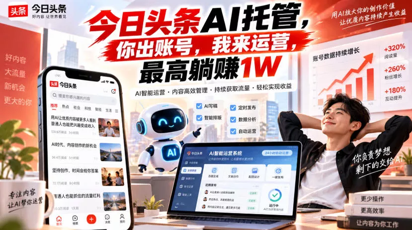 今日头条AI托管，你出账号，我来运营，最高躺賺1W【揭秘】星享资源网星享资源网