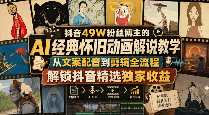 抖音49W粉丝博主的AI经典怀旧动画解说教学，从文案配音到剪辑全流程，解锁抖音精选独家收益客创社区-专注互联网轻资产资源整合与分享客创社区-专注互联网轻资产资源整合与分享