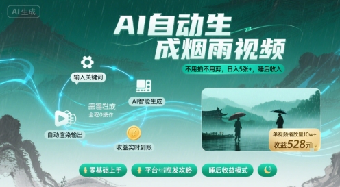 不用拍不用剪！AI自动生成烟雨视频，日入5张+，睡后收入-客创社 - 专注互联网轻资产创业及网络项目资源整合与分享客创社-免费且强大的项目分享网站！