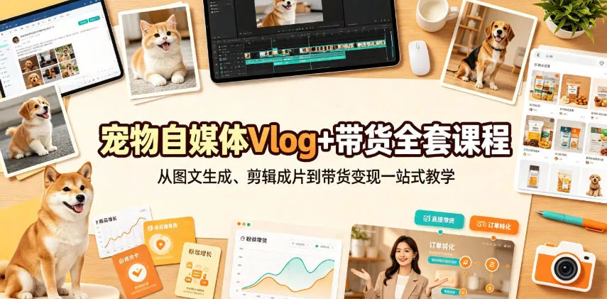 宠物自媒体Vlog+带货全套课程｜从图文生成、剪辑成片到带货变现一站式教学 《鱼见海科技》-鱼见海资源网-免费PHP网站源码模板,插件软件网创AI智能体资源分享平台！