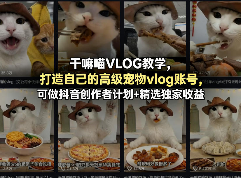 干嘛喵VLOG教学，打造自己的高级宠物vlog账号，可做抖音创作者计划+精选独家收益客创社区-专注互联网轻资产资源整合与分享客创社区-专注互联网轻资产资源整合与分享