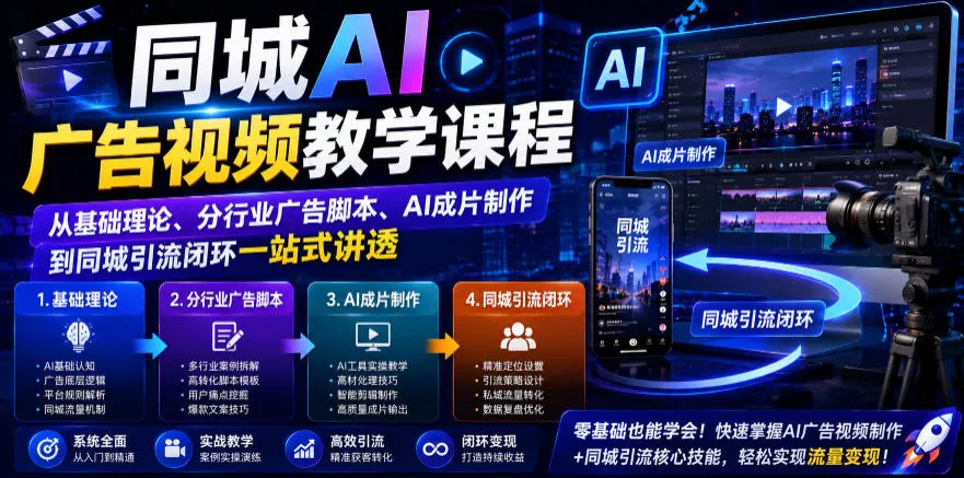 同城AI广告视频教学课程，从基础理论、分行业广告脚本、AI成片制作到同城引流闭环一站式讲透 《鱼见海科技》-鱼见海资源网-免费PHP网站源码模板,插件软件网创AI智能体资源分享平台！