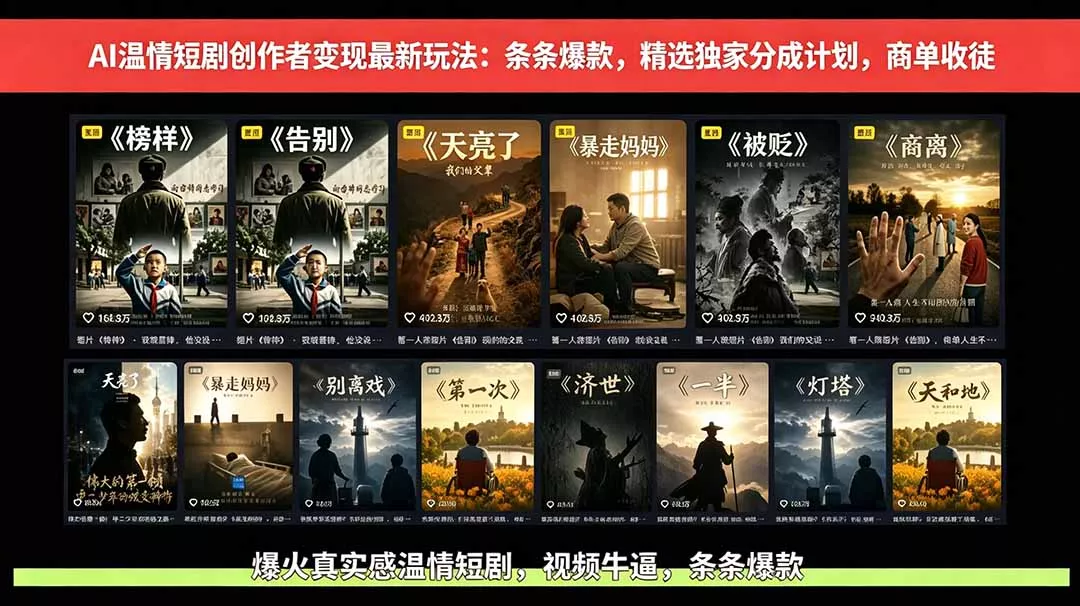 AI温情短剧创作者变现最新玩法：视频牛逼，条条爆款，精选独家分成计划，商单收徒 《鱼见海科技》-鱼见海资源网-免费PHP网站源码模板,插件软件网创AI智能体资源分享平台！
