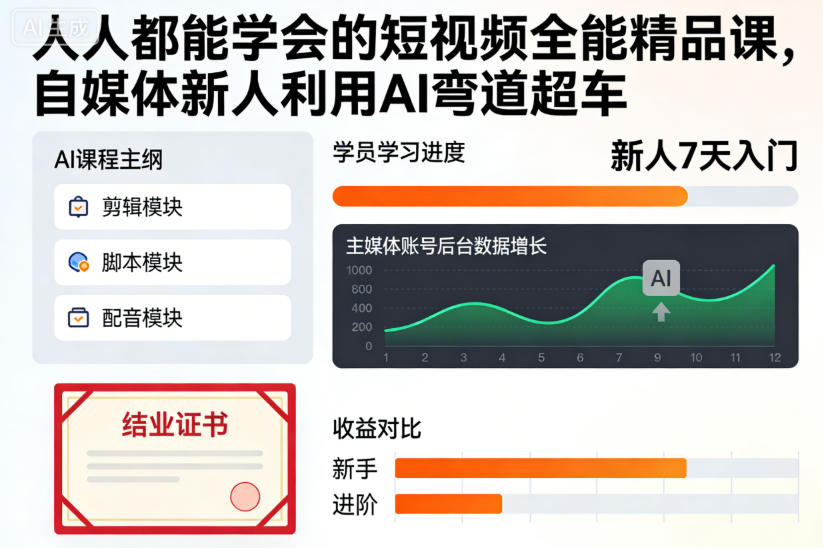 人人都能学会的短视频全能精品课，自媒体新人利用AI弯道超车中赚AI网_草根零加盟费创业平台_小本副业项目推荐_抖音短视频 / AI 创业教程库项目资源网
