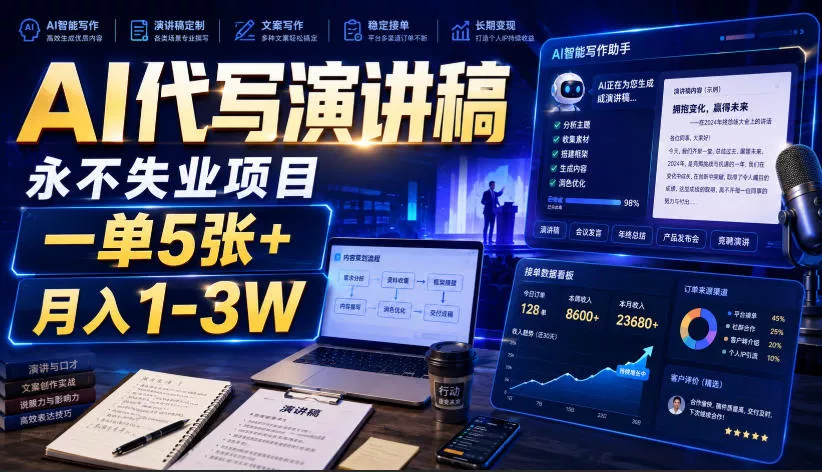 AI代写演讲稿，永不失业项目，一单5张+，月入1-3W【揭秘】-软件百科
